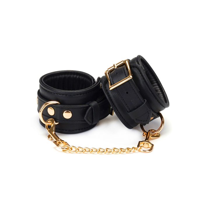 Hardrrr Premium Black Leather Ankle Cuffs with a gold chain