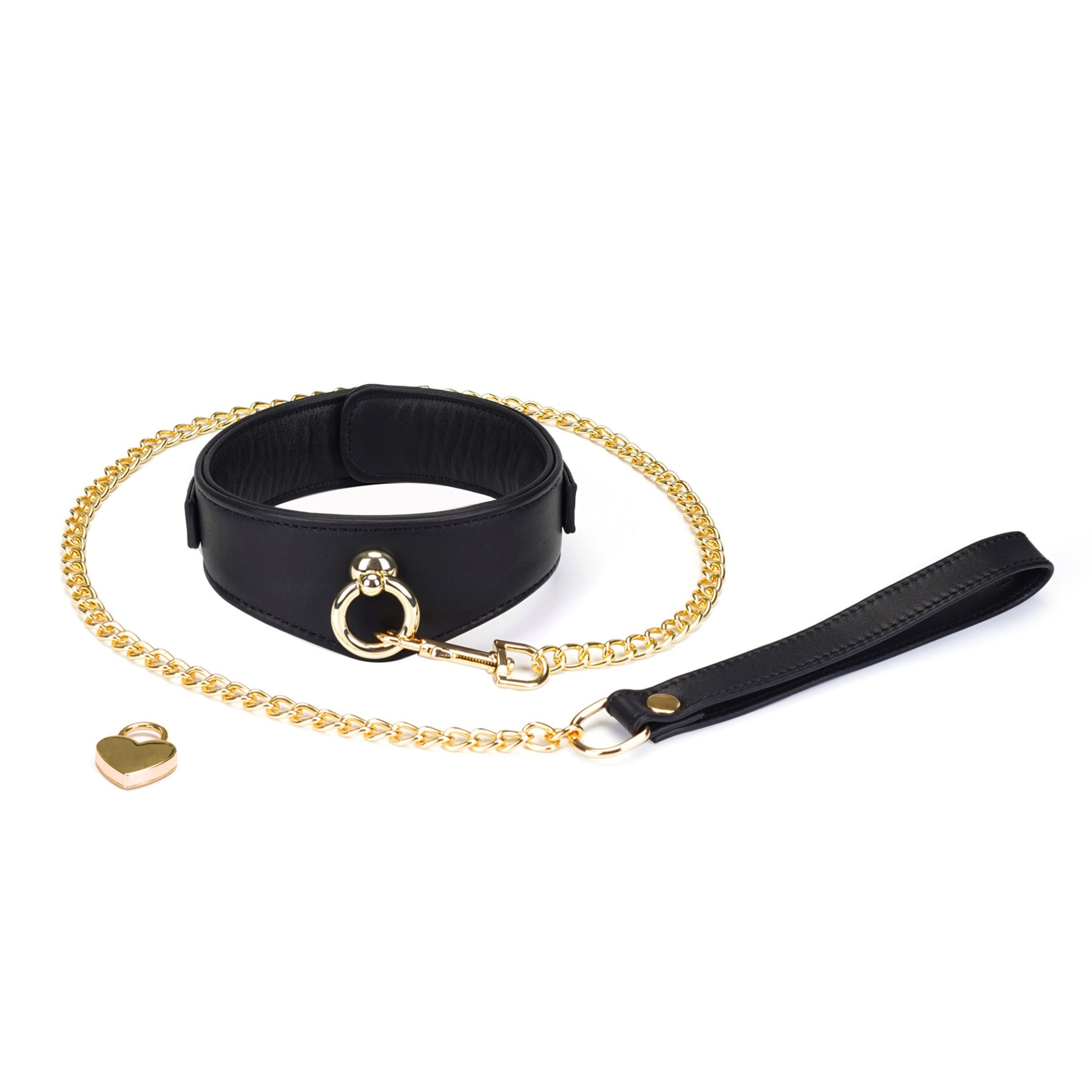 Black Leather Premium Curved Collar and Gold Leash