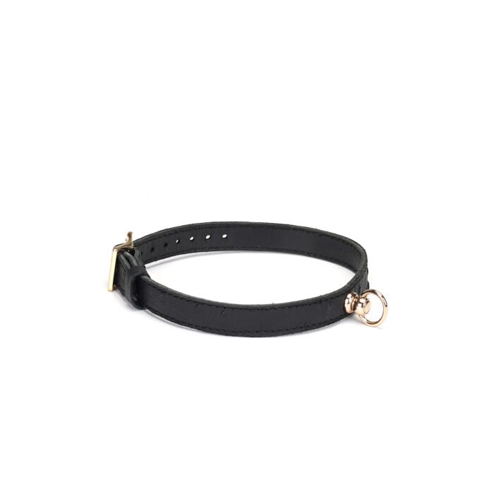 Hardrrr Black Leather Choker Collar with Gold O Ring