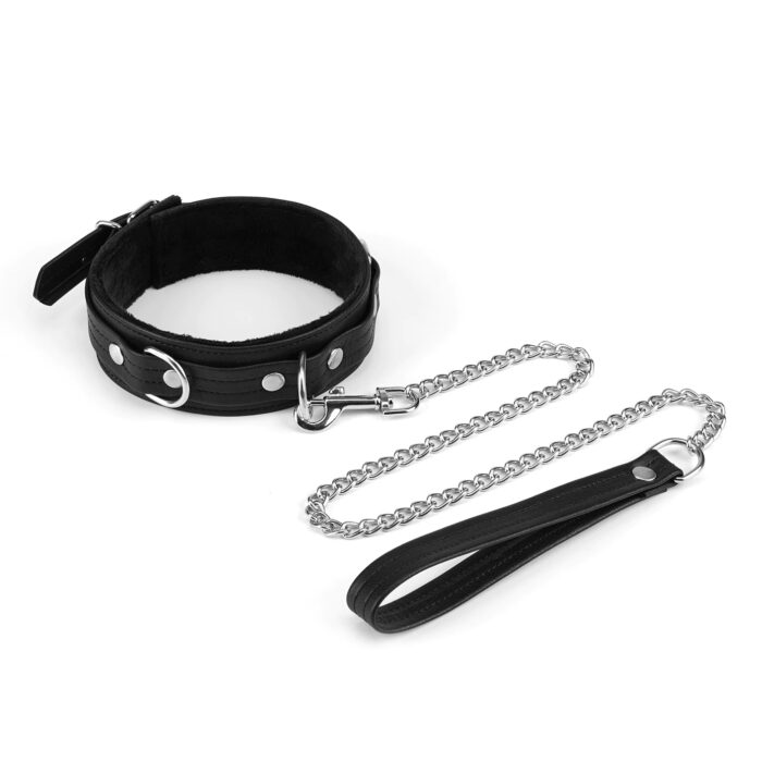 Black Bond Leather Collar and Silver Leash