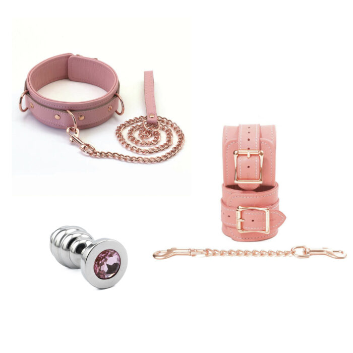 Little Miss in Pink - Bondage Pack - Pink Leather collar with leash, hand cuffs and a butt plug